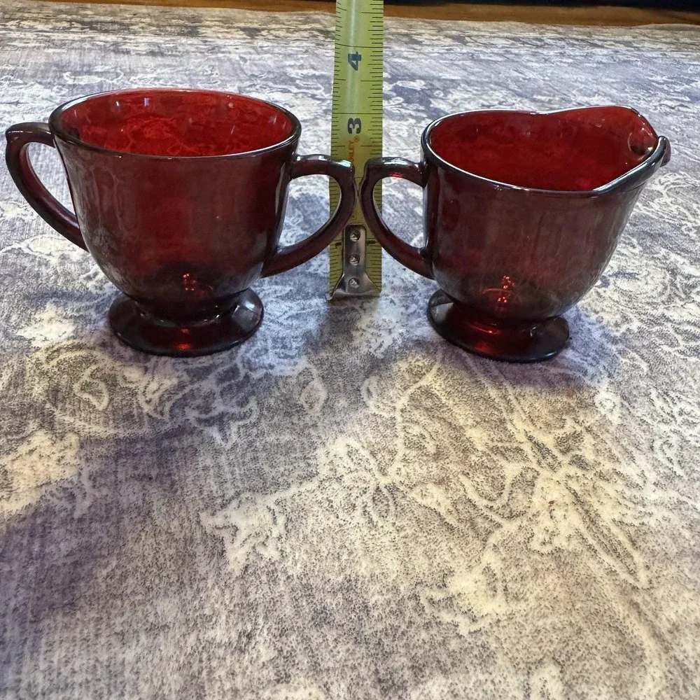 Anchor Hocking Royal Ruby pattern Depression Glass Footed Creamer & Sugar‎